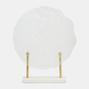 METAL,21"H,SPECKLED GLASS DISC ON MARBLE STAND,WHI
