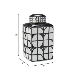 CER, 16"H SQUARE JAR W/ LID, BLACK/WHITE
