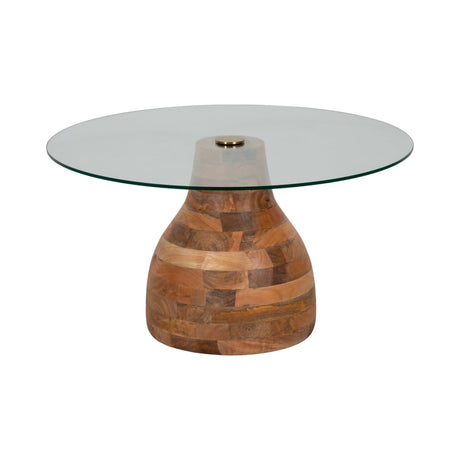 34" Striped Wood Coffee Table With Glass Top, Natu