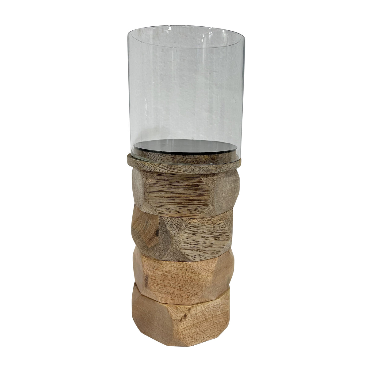 WOOD, 10" STACKED HEXAGON PILLAR HURRICANE, NATURA