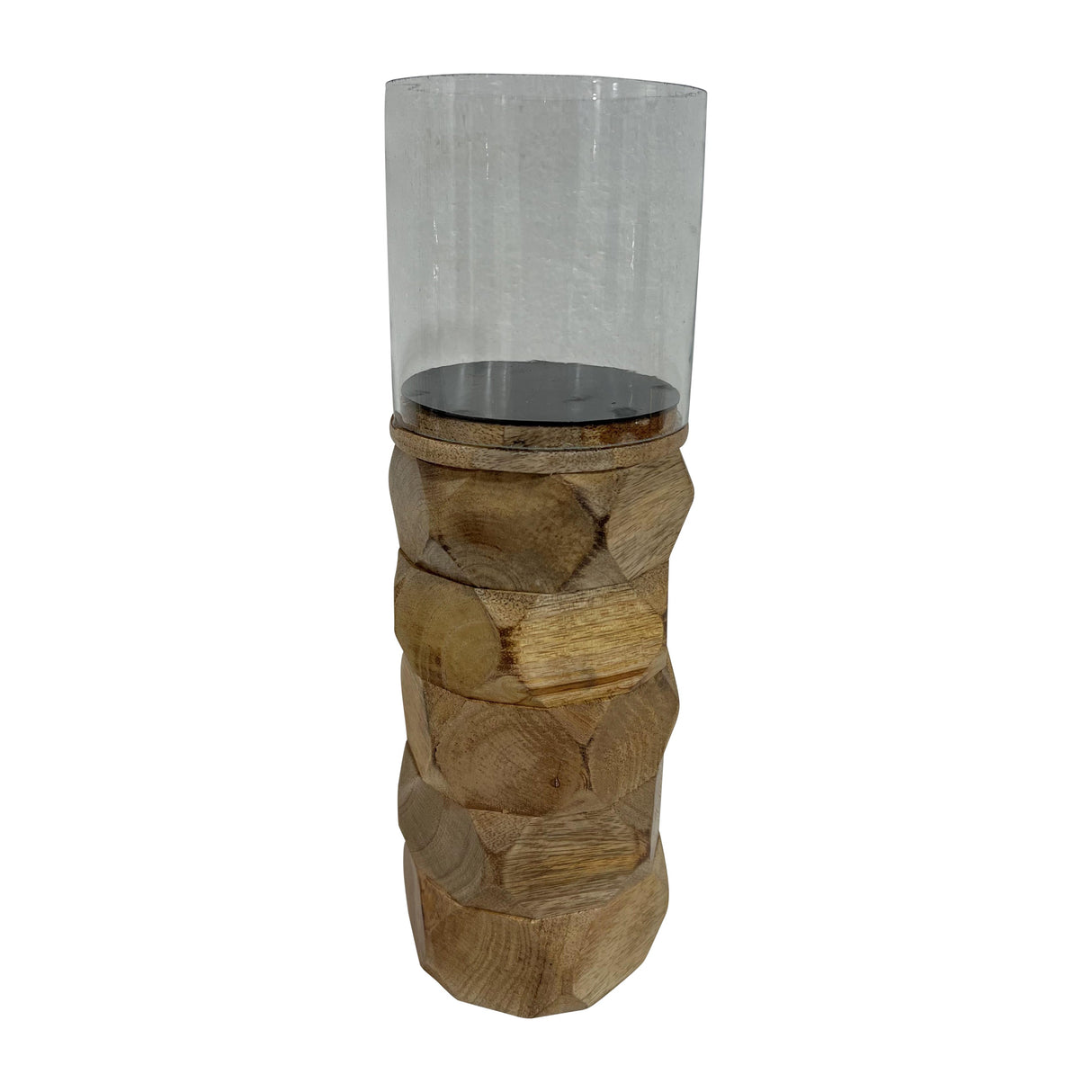 WOOD, 12" STACKED HEXAGON PILLAR HURRICANE, NATURA