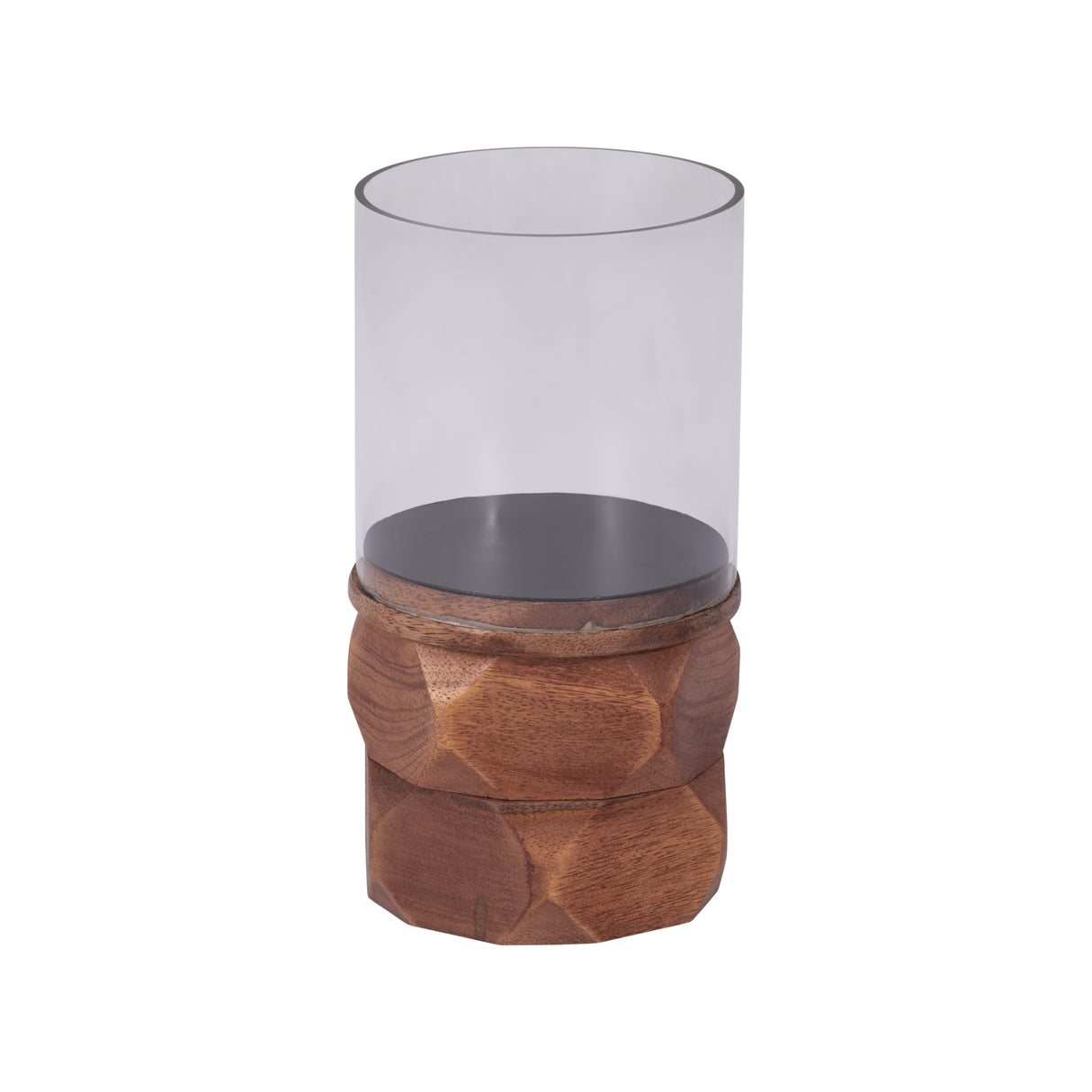 WOOD, 8" STACKED HEXAGON PILLAR HURRICANE, BROWN