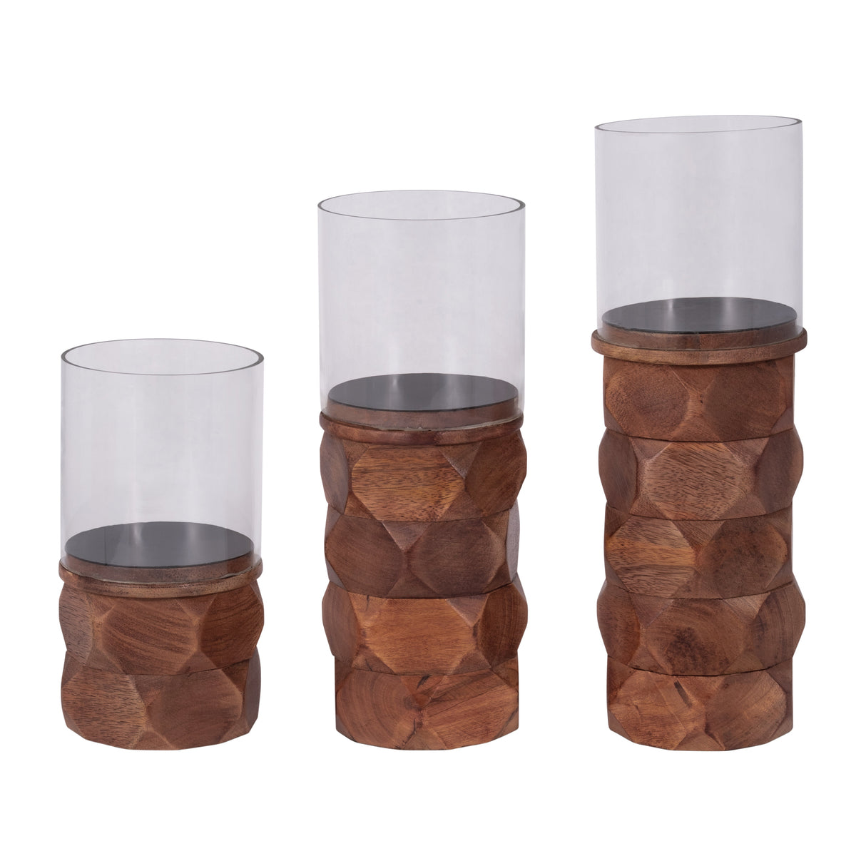 WOOD, 8" STACKED HEXAGON PILLAR HURRICANE, BROWN