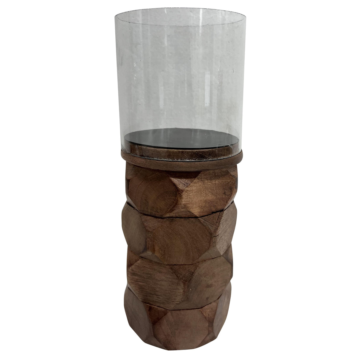 WOOD, 10" STACKED HEXAGON PILLAR HURRICANE, BROWN