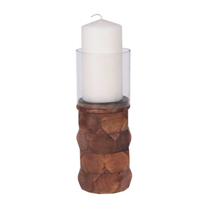 WOOD, 10" STACKED HEXAGON PILLAR HURRICANE, BROWN