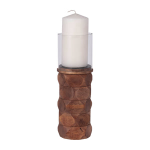 WOOD, 12" STACKED HEXAGON PILLAR HURRICANE, BROWN