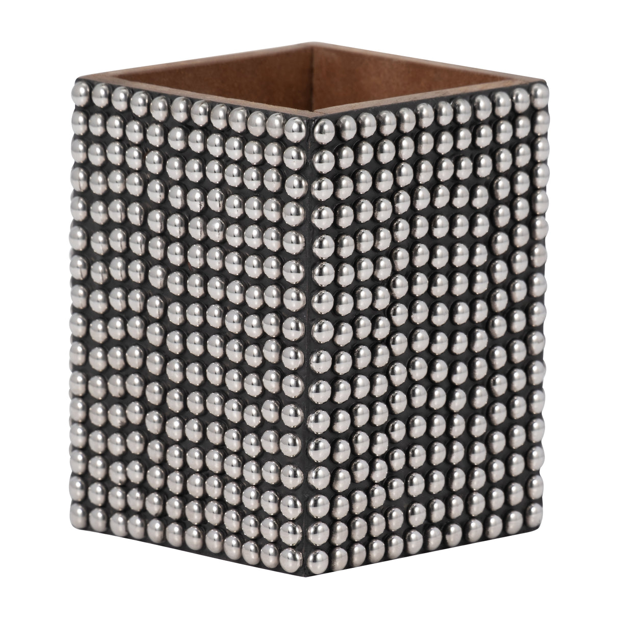 WOOD, 4" STUDDED PENCIL CUP, SILVER/BLACK