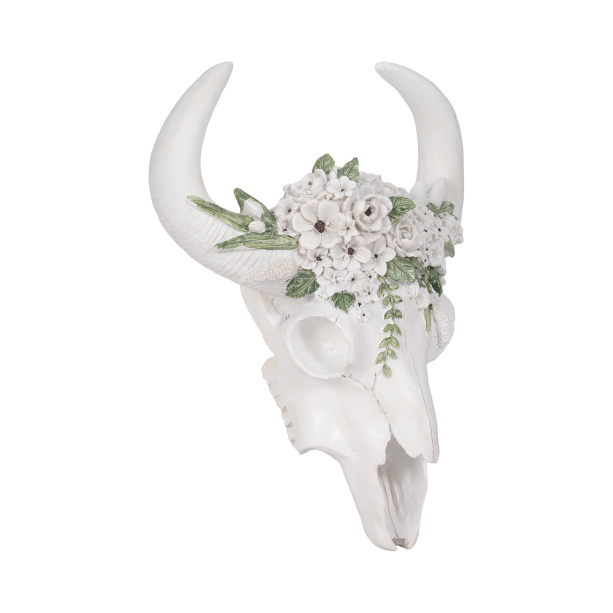 13" Bull Skull With White Flowers, White