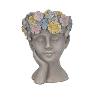 14" Face Planter With Flower Crown, Grey/multi