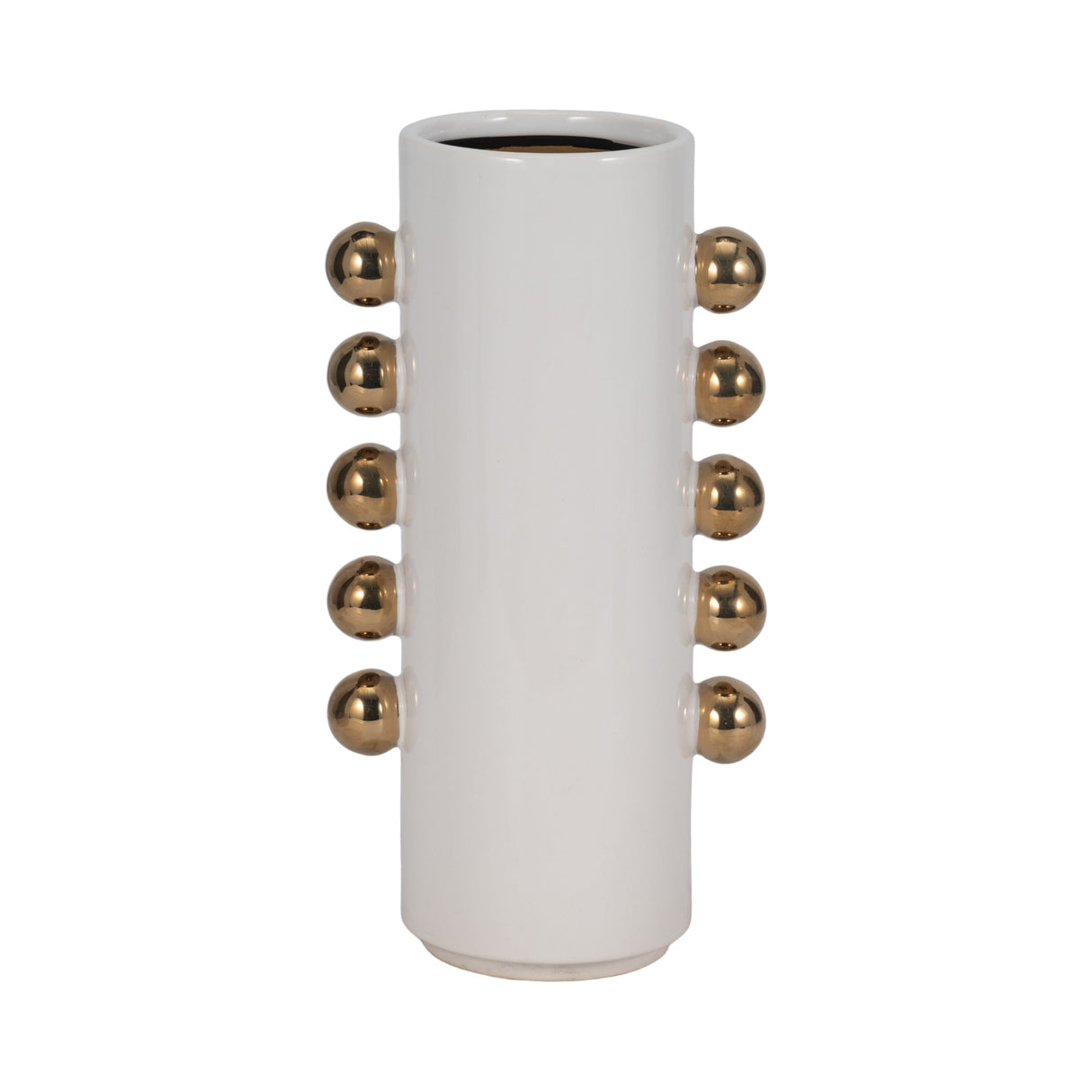 Cer, 13" Vase W/ Side Knobs, White/gold