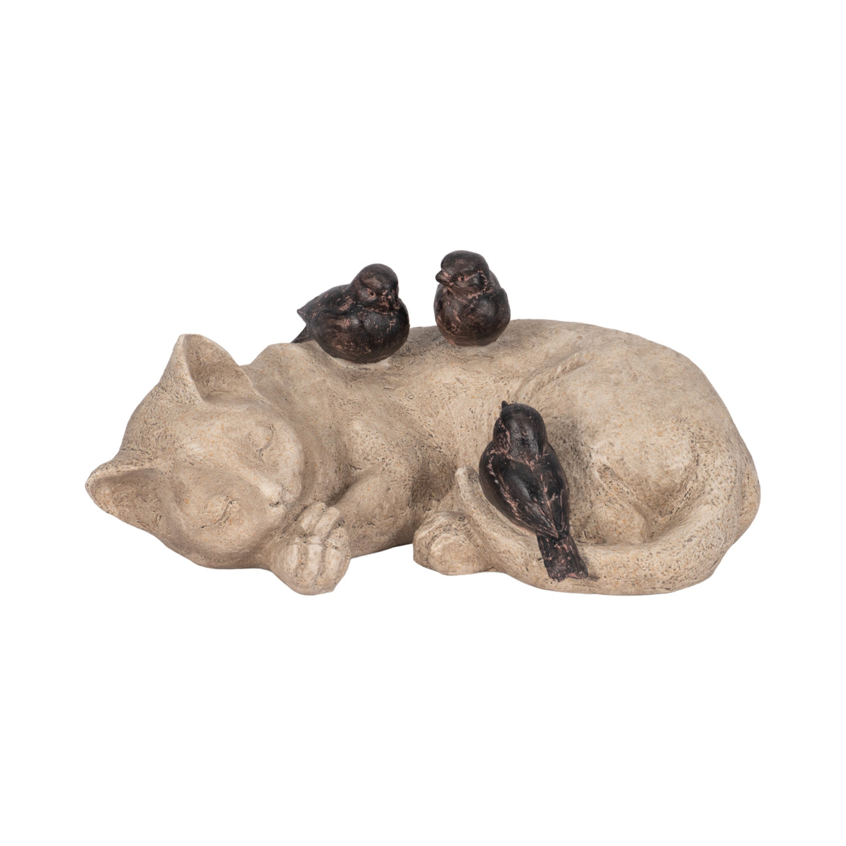 12" Sleeping Kitty With Birds, White/brown