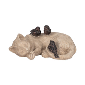 12" Sleeping Kitty With Birds, White/brown