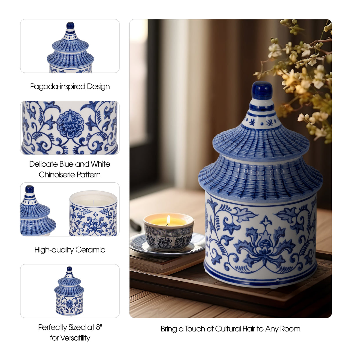 8" 9oz Plumeria Chinoiserie Pagoda Candle,blu/wht