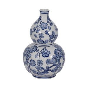 13" CHERRY BLOSSOM CHINOISERIE GOURD VASE, BLUE/WH