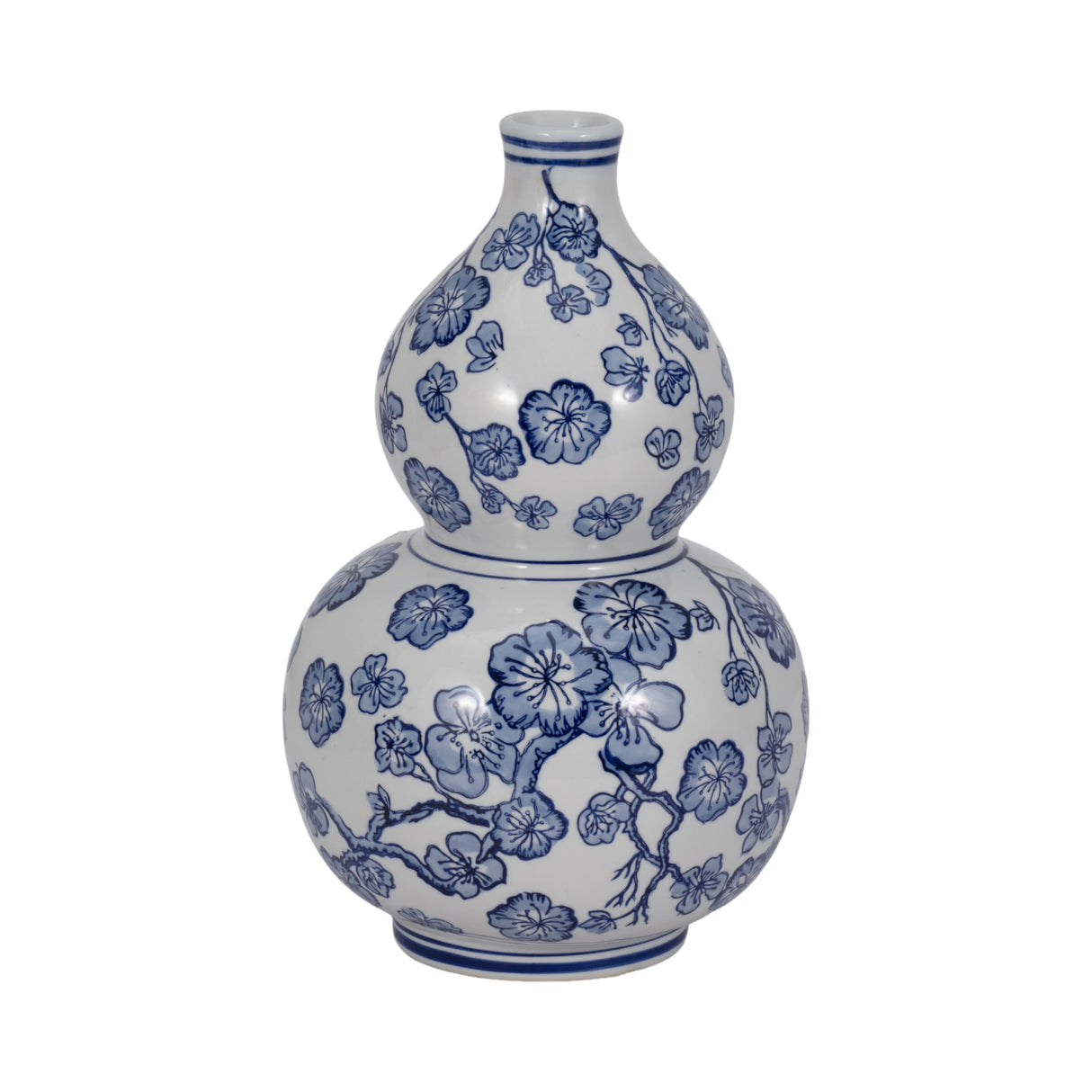 13" CHERRY BLOSSOM CHINOISERIE GOURD VASE, BLUE/WH