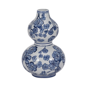 12" CHERRY BLOSSOM CHINOISERIE GOURD VASE, BLUE/WH