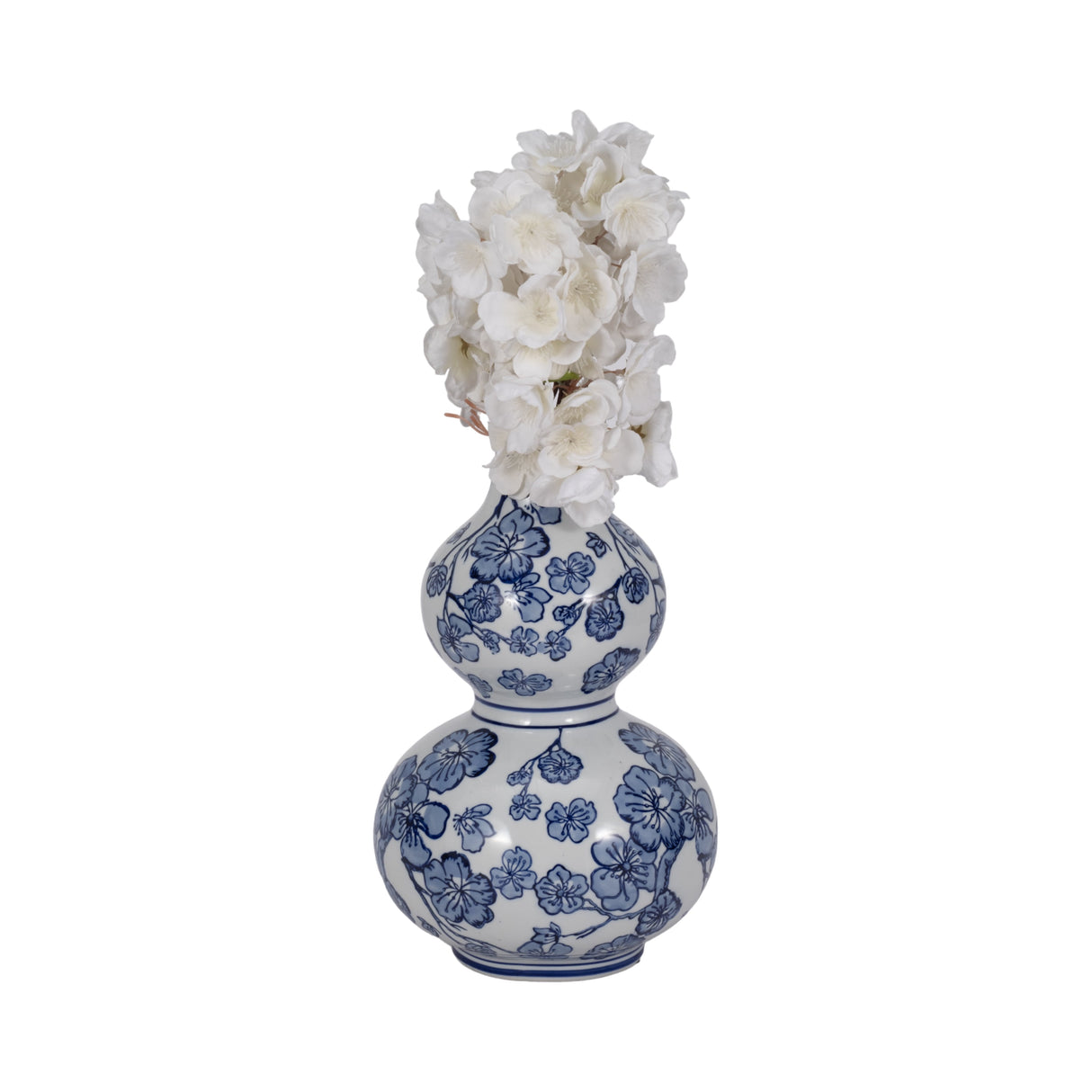 12" CHERRY BLOSSOM CHINOISERIE GOURD VASE, BLUE/WH