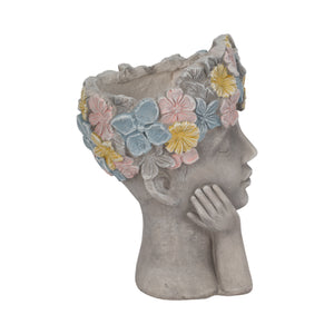 14" Face Planter With Flower Crown, Grey/multi