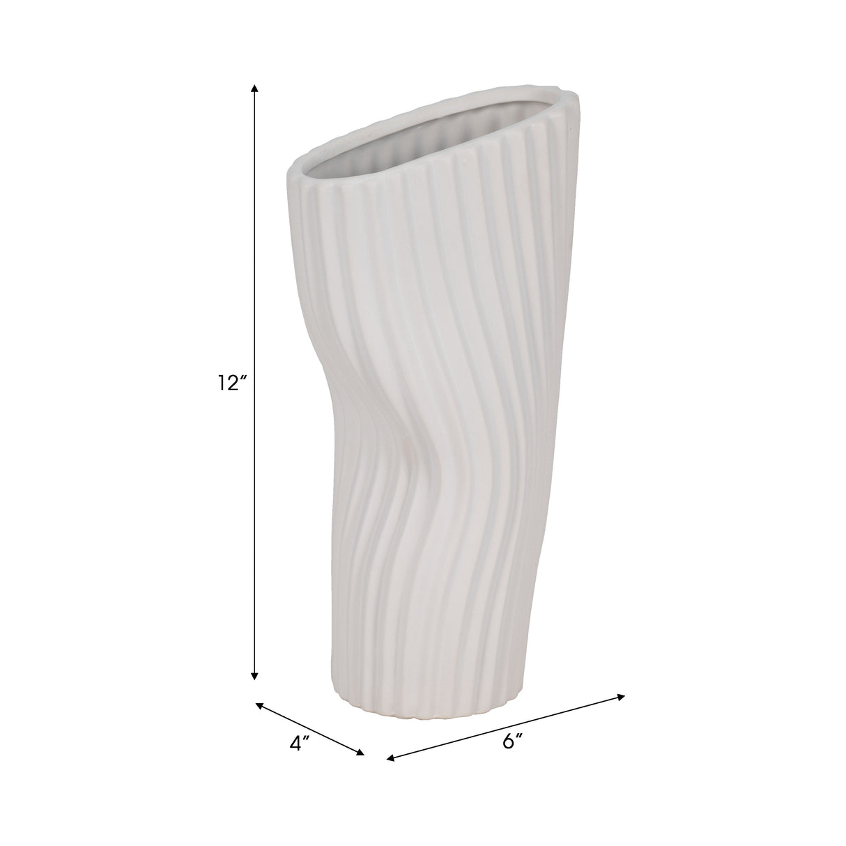 12" Curved Ribbed Vase, White