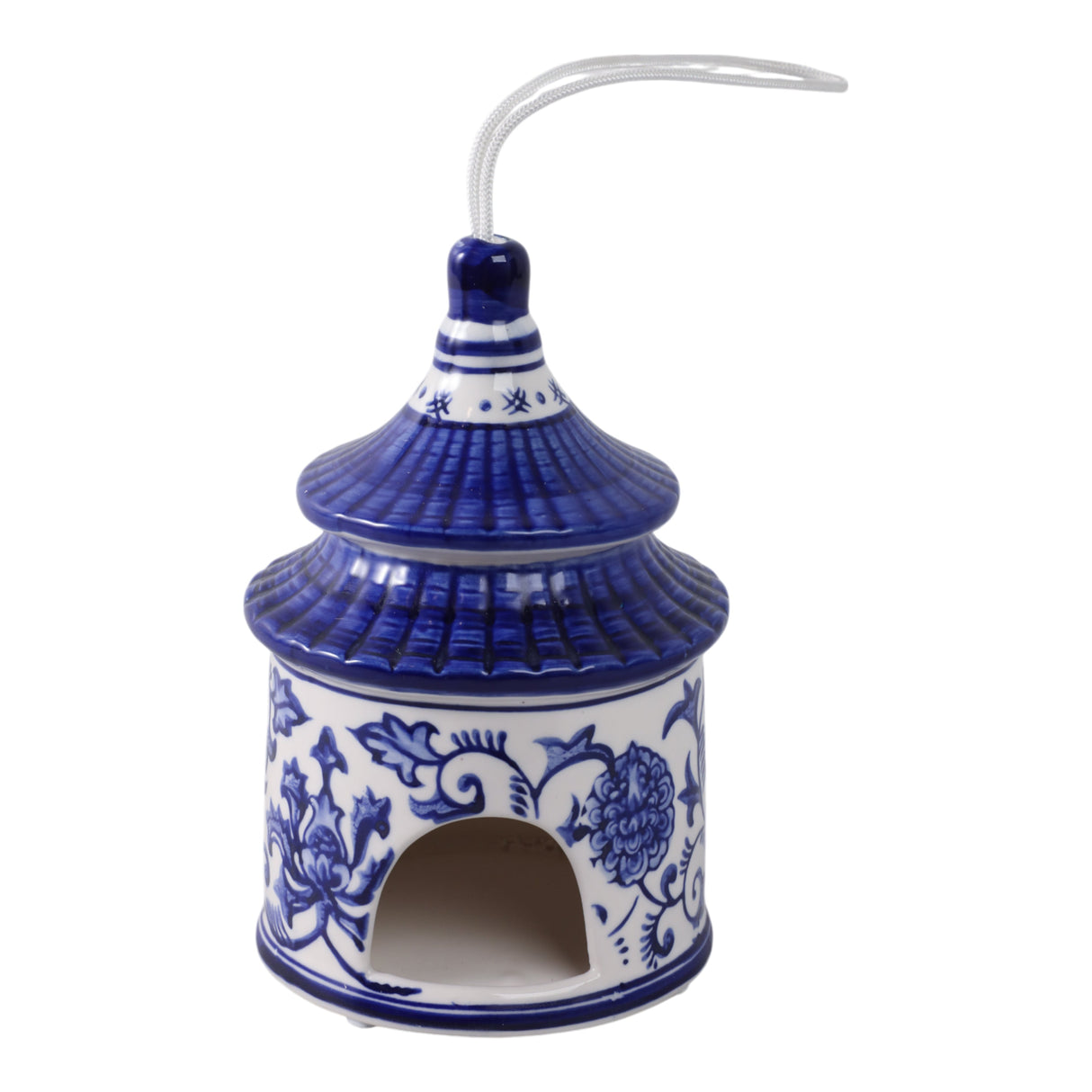 8x5" Chinoiserie Pagoda Bird House, White/blue