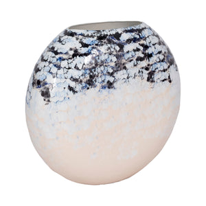 16" Round Metal Vase Arctic Finish, White/blue