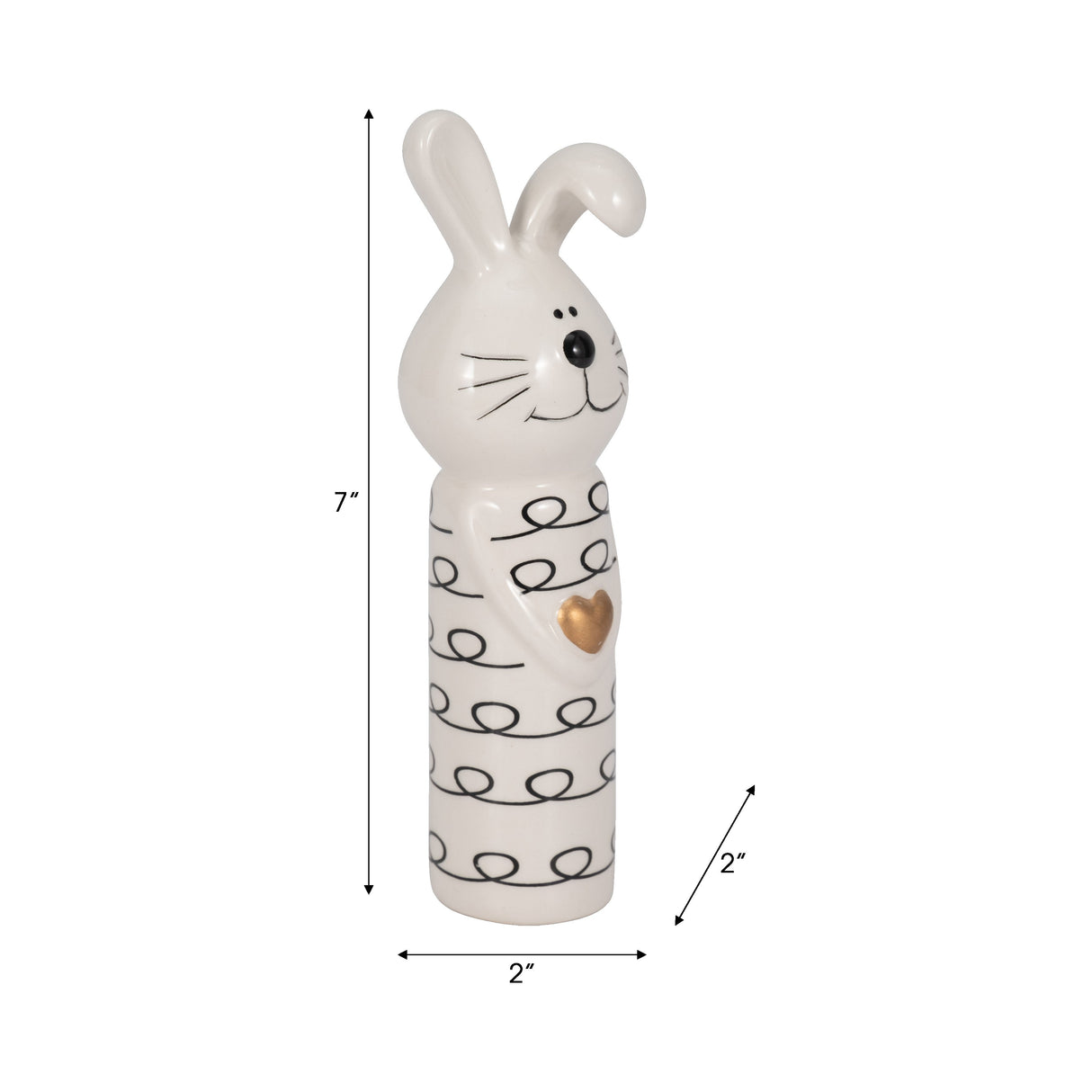 7" Squiggly Bunny With Gold Heart, White/black