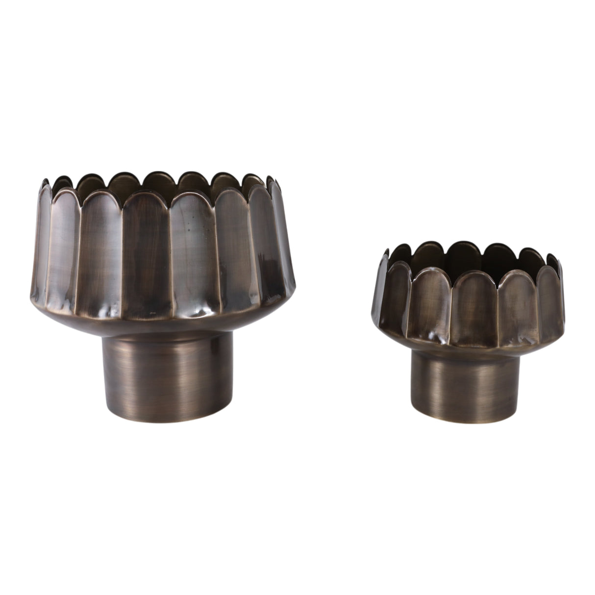 S/2 9/12" Scalloped Pedestal Planter, Antique Bras