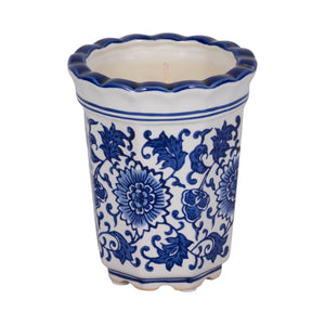 4", 7oz Fluted Chinoiserie Candle , Blue/white