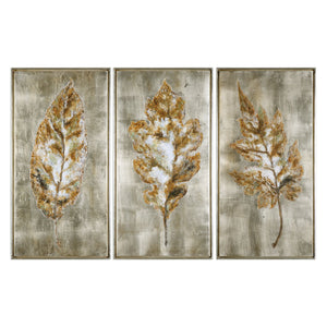 Champagne Leaves Hand Painted Canvases, S/3