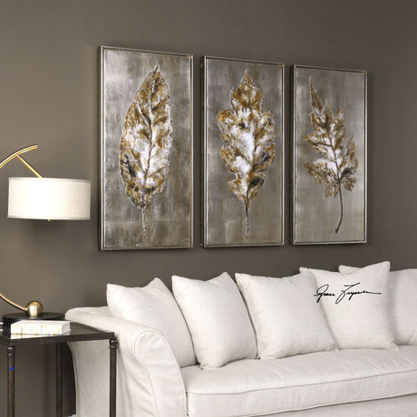 Champagne Leaves Hand Painted Canvases, S/3