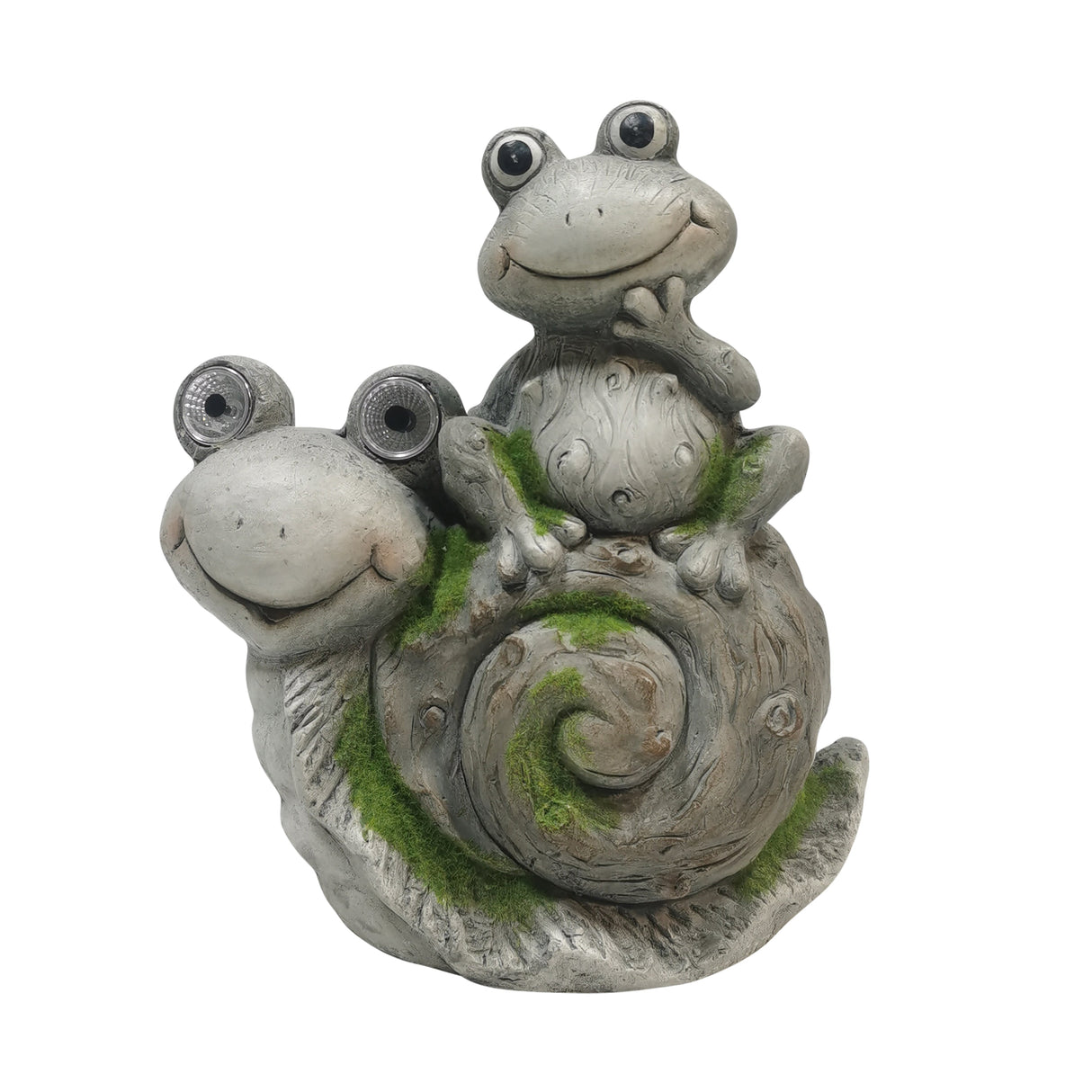 14" Frog Sitting On Snail With Solar Eyes, Grey