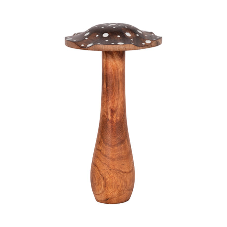 10" Wood Mushroom With White Dots, Brown