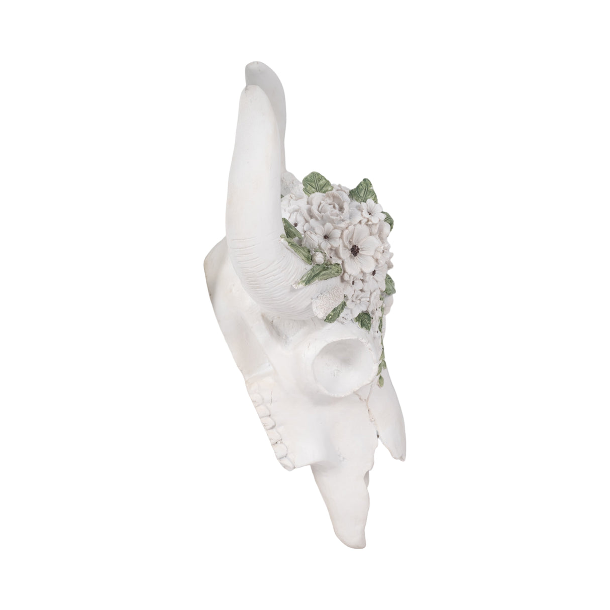 13" Bull Skull With White Flowers, White