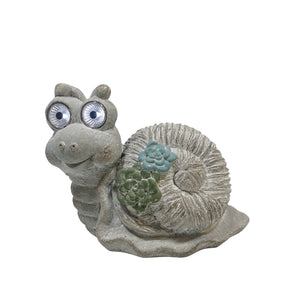 12" Snail With Succulents And Solar Eyes, Grey