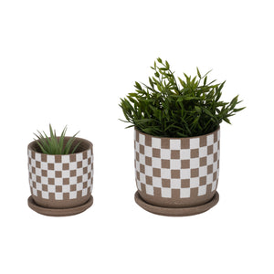 S/2 5/6" Checkerboard Saucer Planters, White/tan