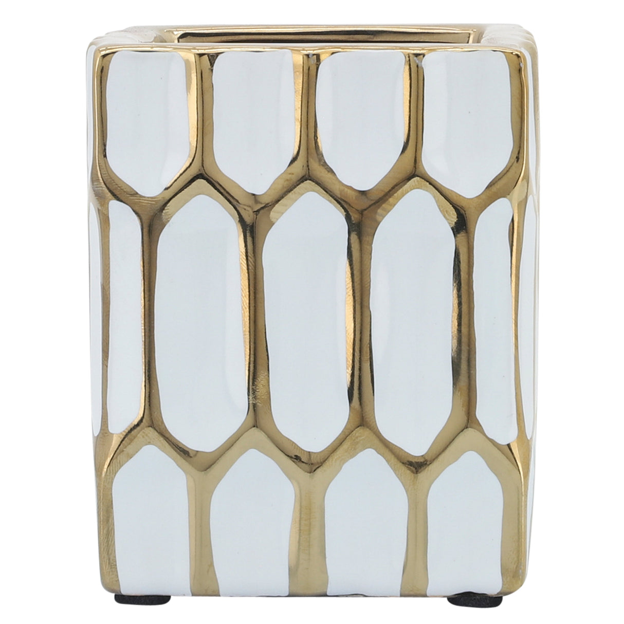 CER, 4"H PEN HOLDER, WHITE/GOLD