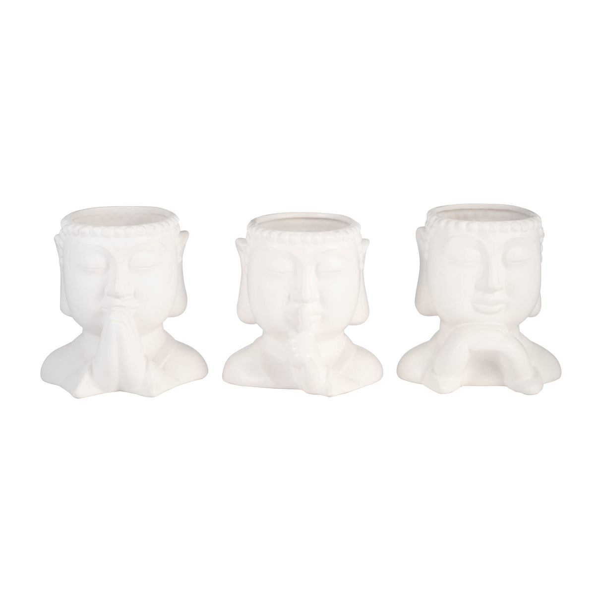 Cer, S/3 7"h Buddha Head Planters, White