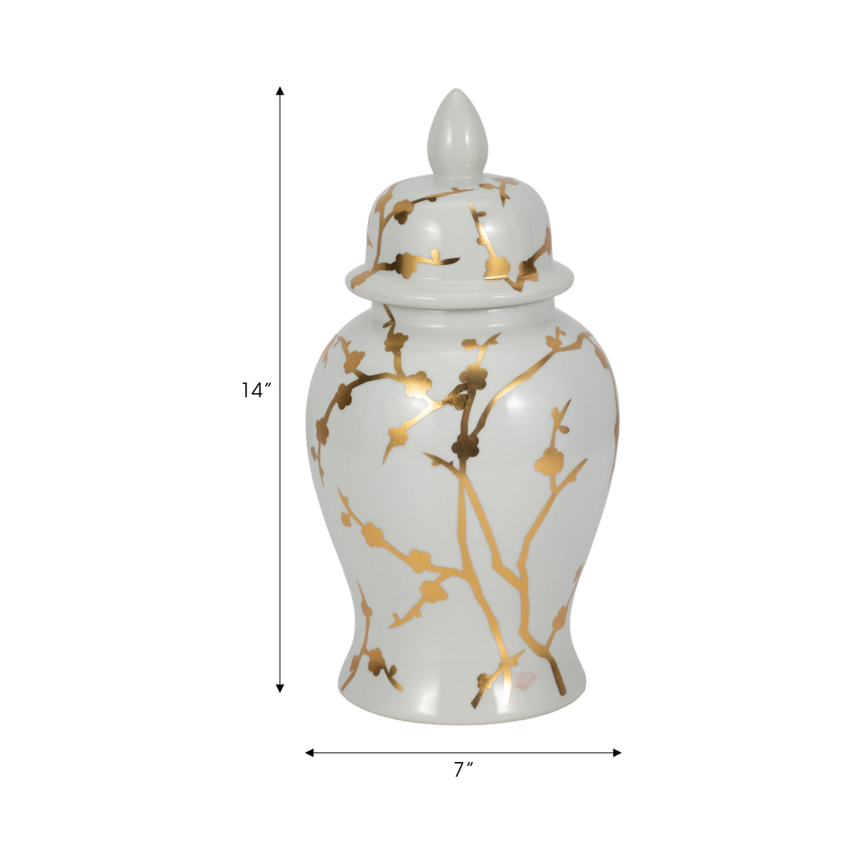 14" Gold Cherry Blossom Temple Jar, White