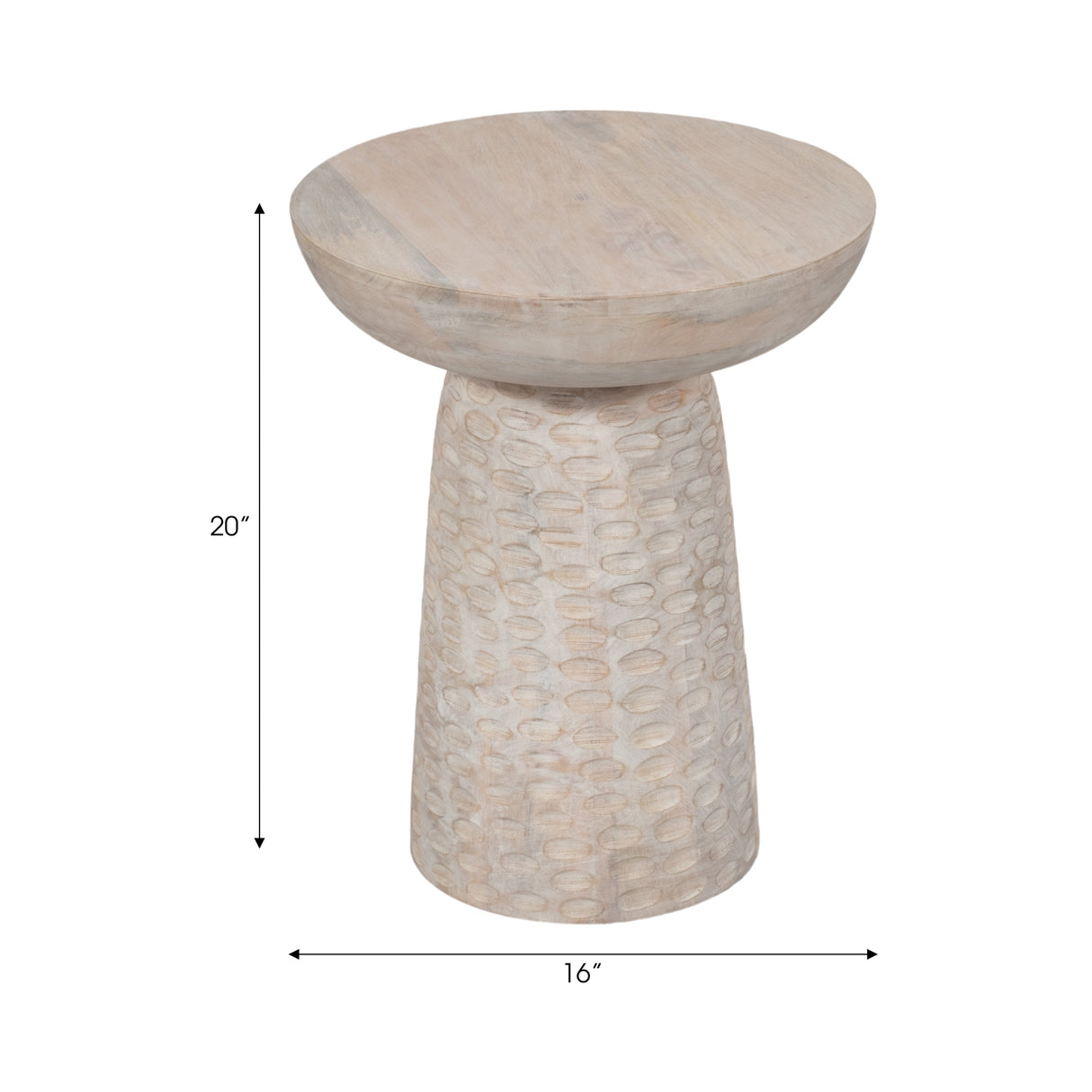 20" Hammered Base Wood Accent Table, White Wash