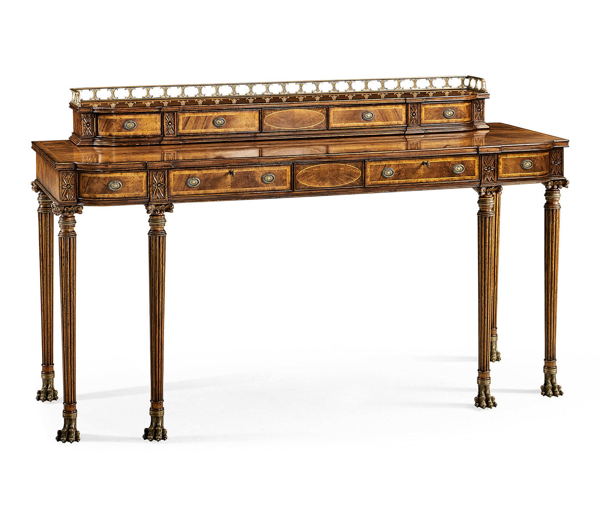 Windsor Collection - Crotch walnut buffet or serving table with brass gallery