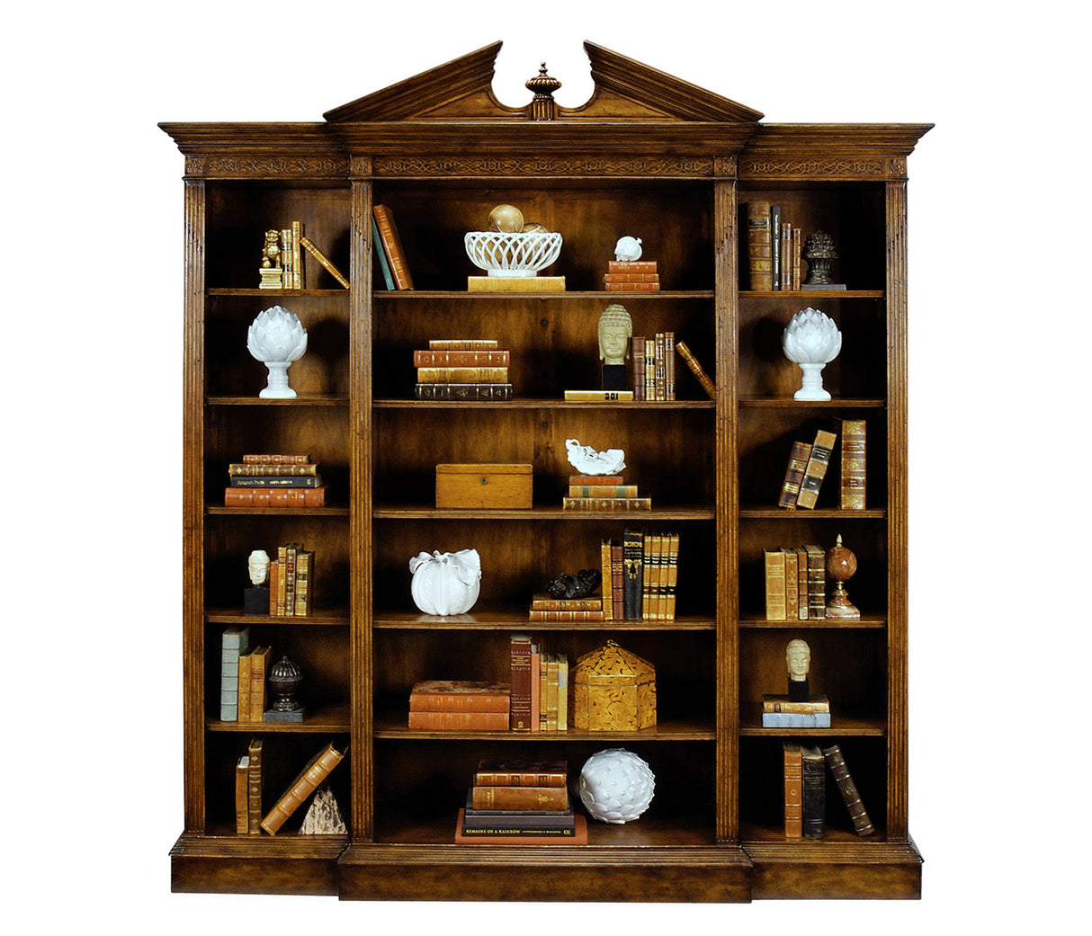 Windsor Collection - Triple Breakfront Walnut Open Bookcase with Pediment