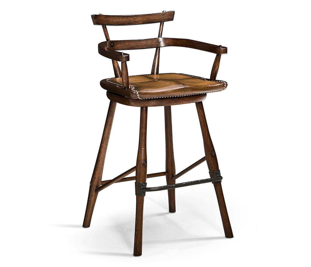 Sherwood Oak Collection - Dark Oak Arm Bar Stool with A Studded Dark Antique Leather Seat