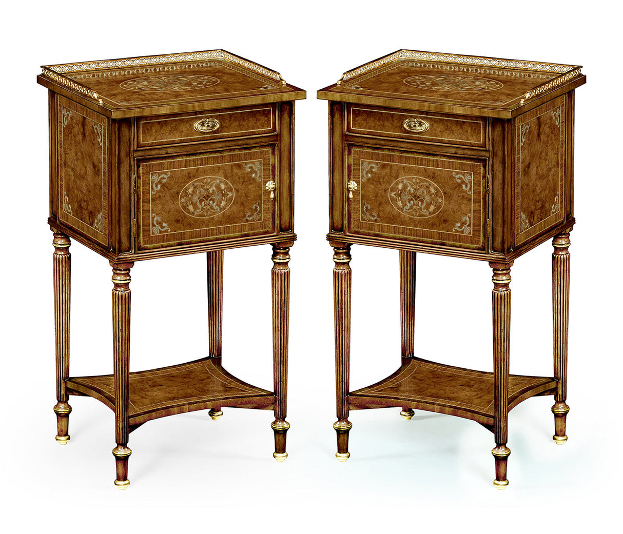 Duchess Collection - Pair of Burl & Mother of Pearl Bedside Cabinets with Undertier
