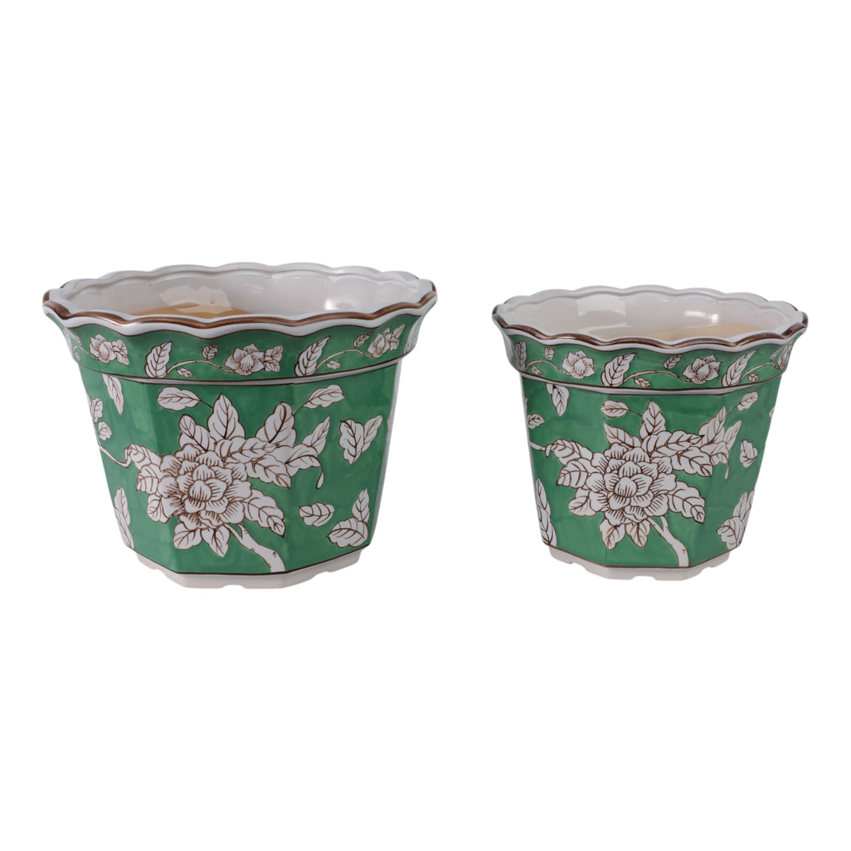 S/2 10/12 Bird & Flower Chinoiserie Planters,green