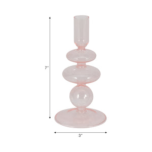 7" Vintage Glass Taper Candle Holder, Pink