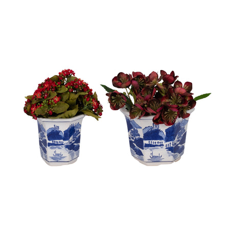 Cer, S/2 6/8" Fluted Chinoiserie Planters,blue/wht