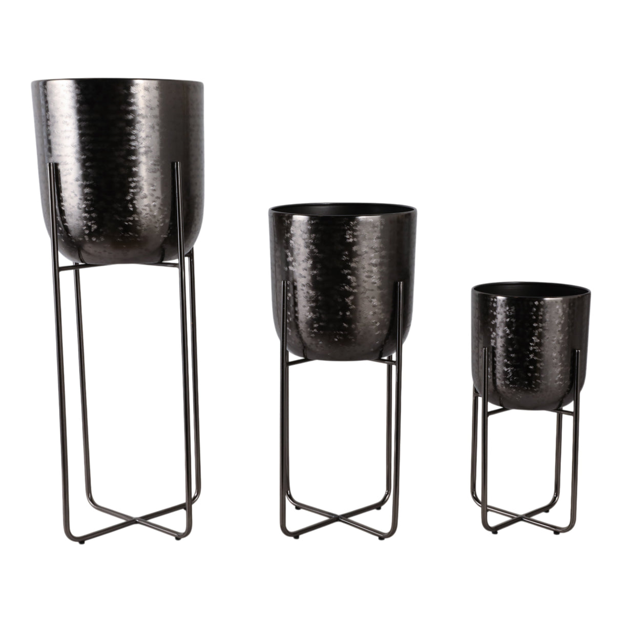 S/3 15/20/27" Etched Metal Planter On Stand, Black