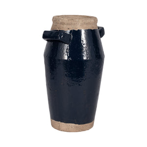 14" Squared Handle Terracotta Vase, Navy/tan