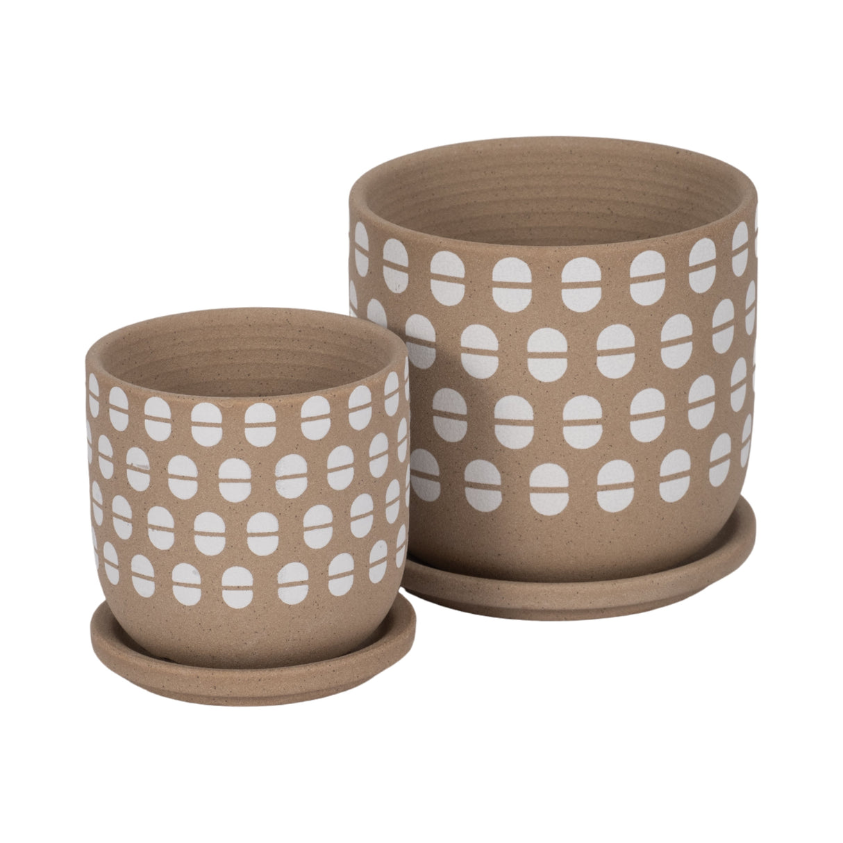 S/2 5/6" Hand Stamped Saucer Planters, Tan/white