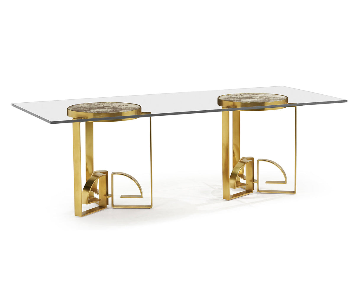 JC Modern - Fusion Collection - 87" Fusion Rectangular Chinoiserie Antique Etched Brass Dining Table with Clear Glass Top